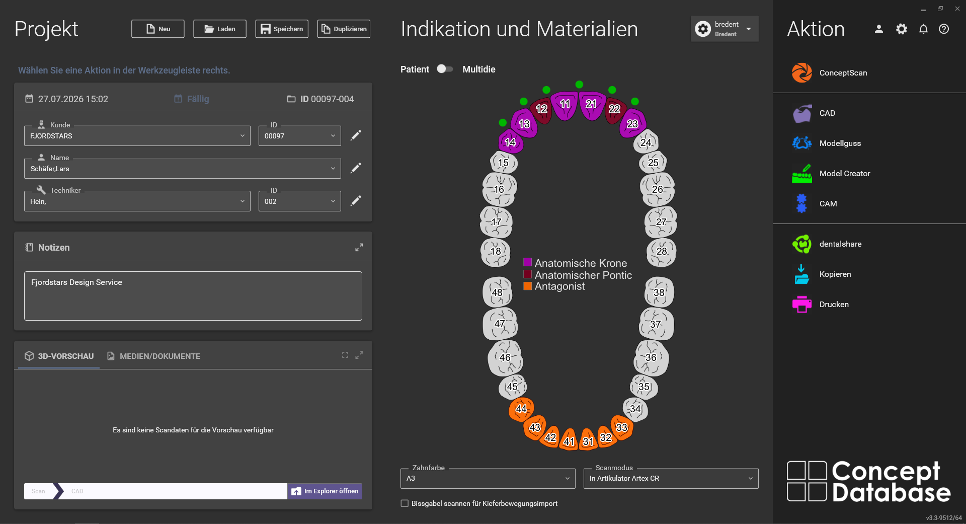 Projektfenster in exocad: Auftrag für Fjordstars mit Zahnschema und Materialauswahl